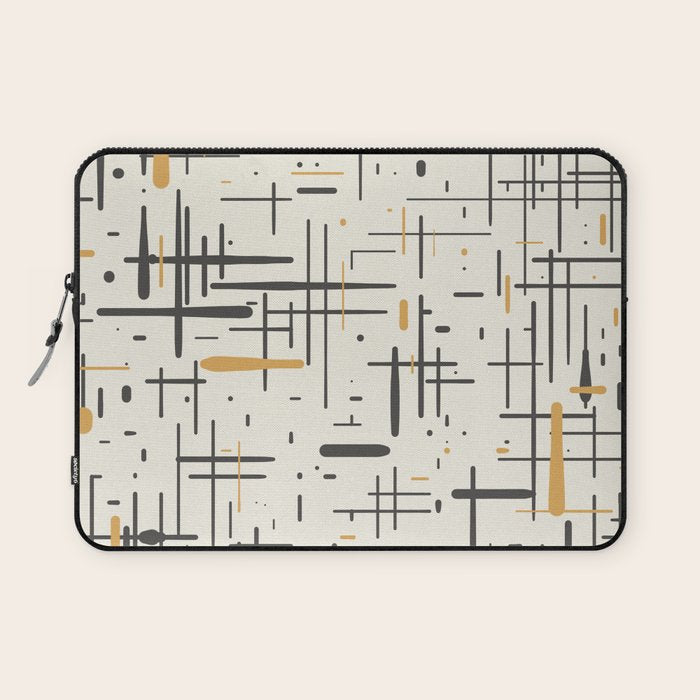 Mid-Century Modern Kinetikos Pattern in Charcoal Gray, Muted Mustard Gold, and Cream Laptop Sleeve Gallery Image 1
