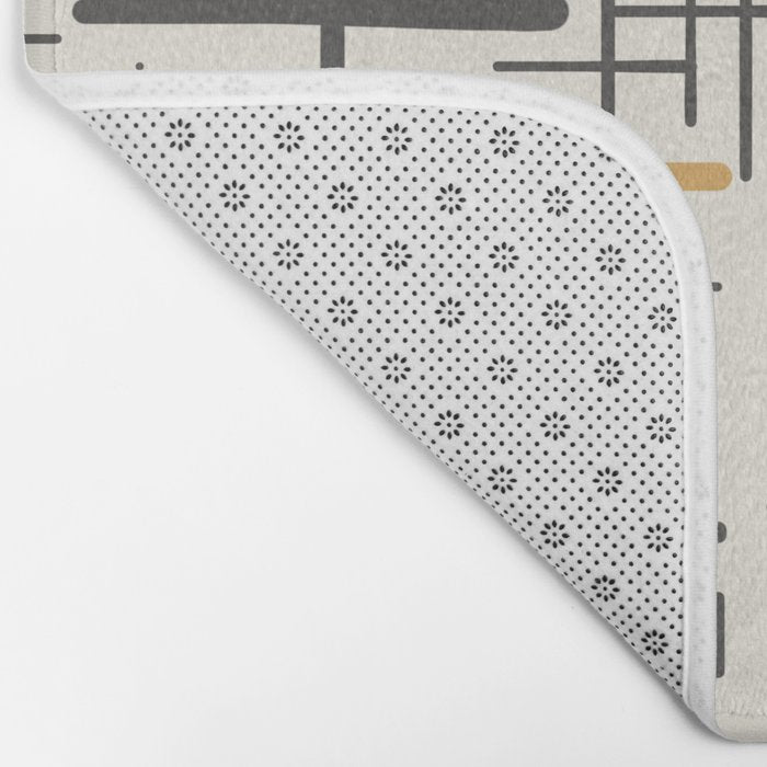 Mid-Century Modern Kinetikos Pattern in Charcoal Gray, Muted Mustard Gold, and Cream Bath Mat Gallery Image 2
