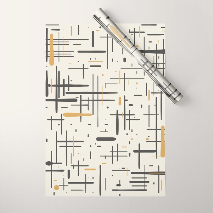 Mid-Century Modern Kinetikos Pattern in Charcoal Gray, Muted Mustard Gold, and Cream Wrapping Paper Gallery Image 1