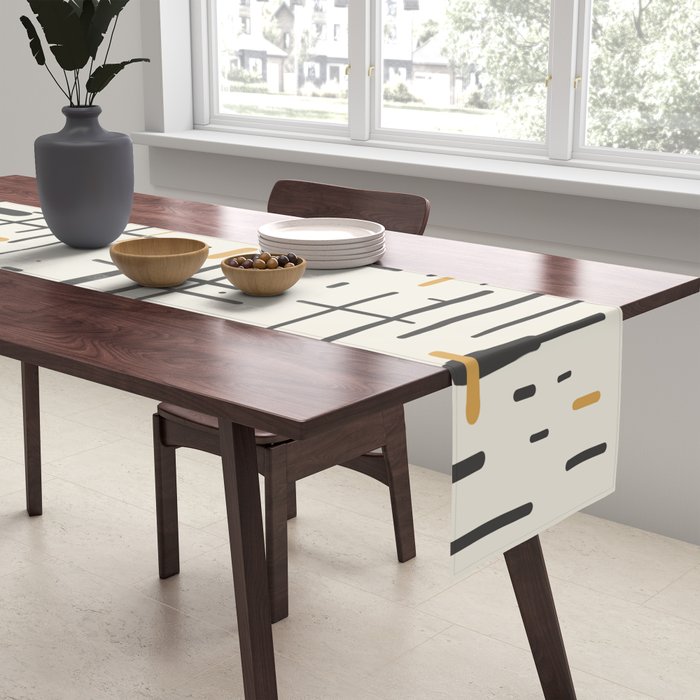 Mid-Century Modern Kinetikos Pattern in Charcoal Gray, Muted Mustard Gold, and Cream Table Runner Gallery Image 2