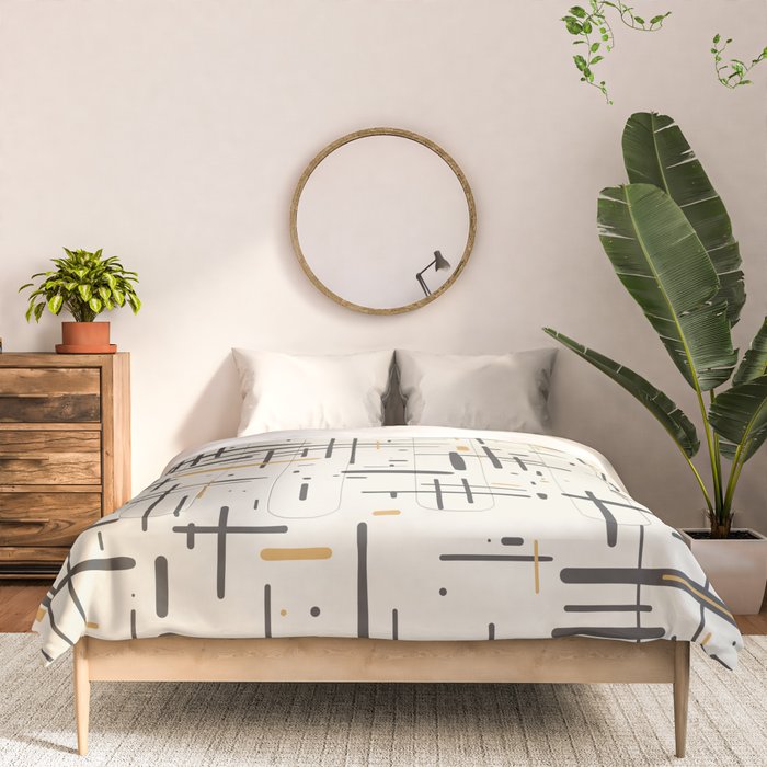 Mid-Century Modern Kinetikos Pattern in Charcoal Gray, Muted Mustard Gold, and Cream Comforter Gallery Image 3