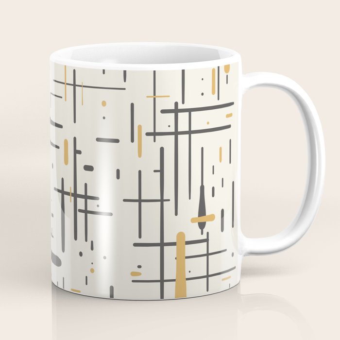 Mid-Century Modern Kinetikos Pattern in Charcoal Gray, Muted Mustard Gold, and Cream Coffee Mug Gallery Image 1