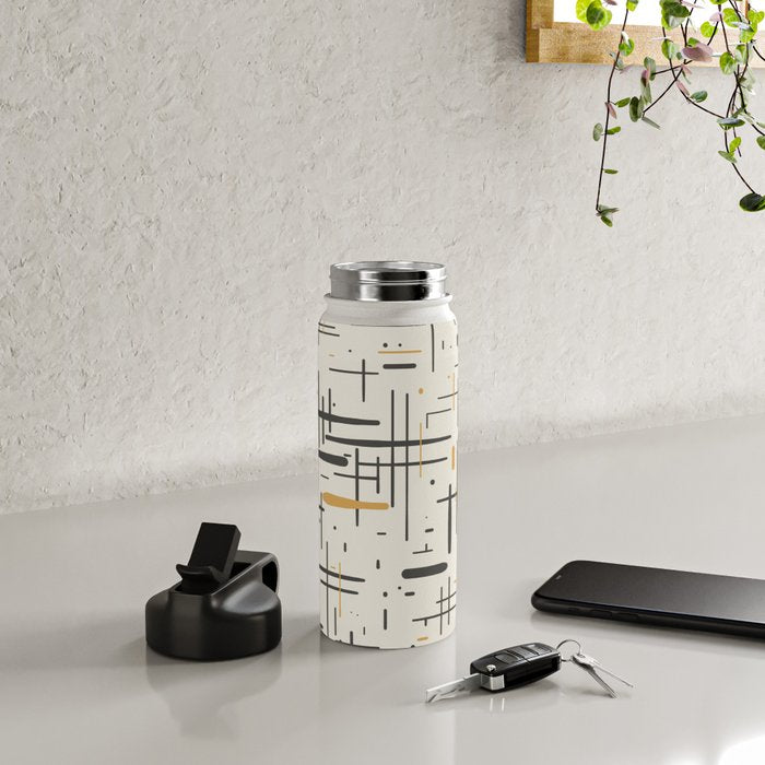 Mid-Century Modern Kinetikos Pattern in Charcoal Gray, Muted Mustard Gold, and Cream Water Bottle Gallery Image 5