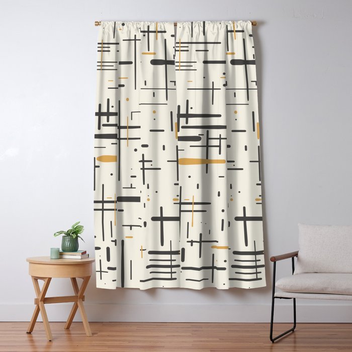 Mid-Century Modern Kinetikos Pattern in Charcoal Gray, Muted Mustard Gold, and Cream Window Curtain Gallery Image 1