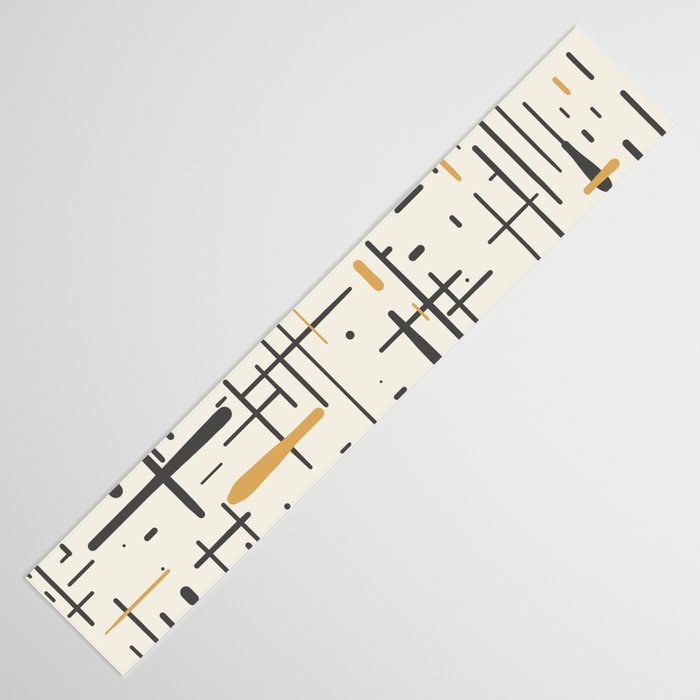 Mid-Century Modern Kinetikos Pattern in Charcoal Gray, Muted Mustard Gold, and Cream Table Runner Gallery Image 3