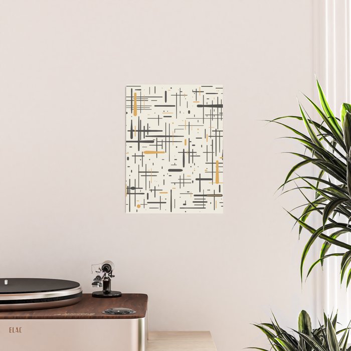 Mid-Century Modern Kinetikos Pattern in Charcoal Gray, Muted Mustard Gold, and Cream Poster Gallery Image 2