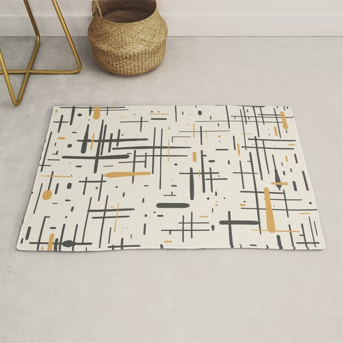 Mid-Century Modern Kinetikos Pattern in Charcoal Gray, Muted Mustard Gold, and Cream Rug Gallery Image 1