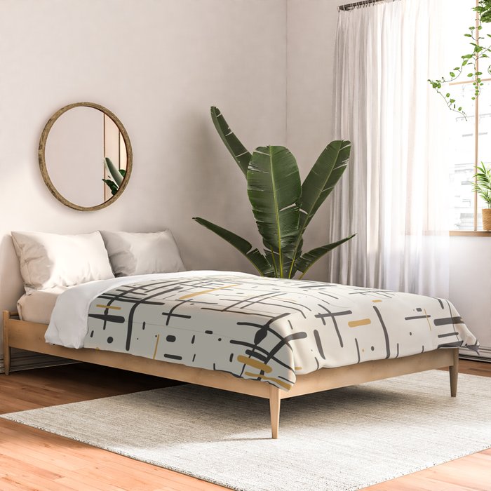 Mid-Century Modern Kinetikos Pattern in Charcoal Gray, Muted Mustard Gold, and Cream Comforter Gallery Image 2