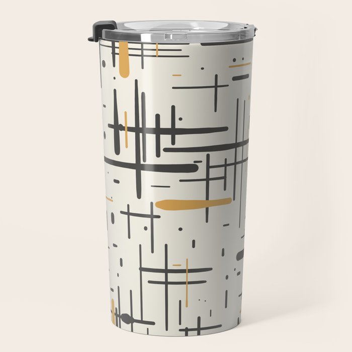 Mid-Century Modern Kinetikos Pattern in Charcoal Gray, Muted Mustard Gold, and Cream Travel Mug Gallery Image 3
