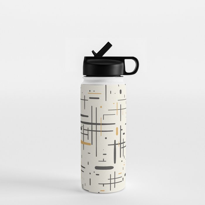 Mid-Century Modern Kinetikos Pattern in Charcoal Gray, Muted Mustard Gold, and Cream Water Bottle Gallery Image 1