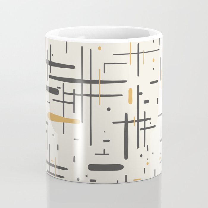 Mid-Century Modern Kinetikos Pattern in Charcoal Gray, Muted Mustard Gold, and Cream Coffee Mug Gallery Image 4