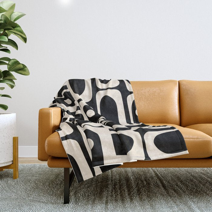 Mid Century Modern Abstract Black and Cream Piquet Multi Pattern Throw Blanket Gallery Image 1