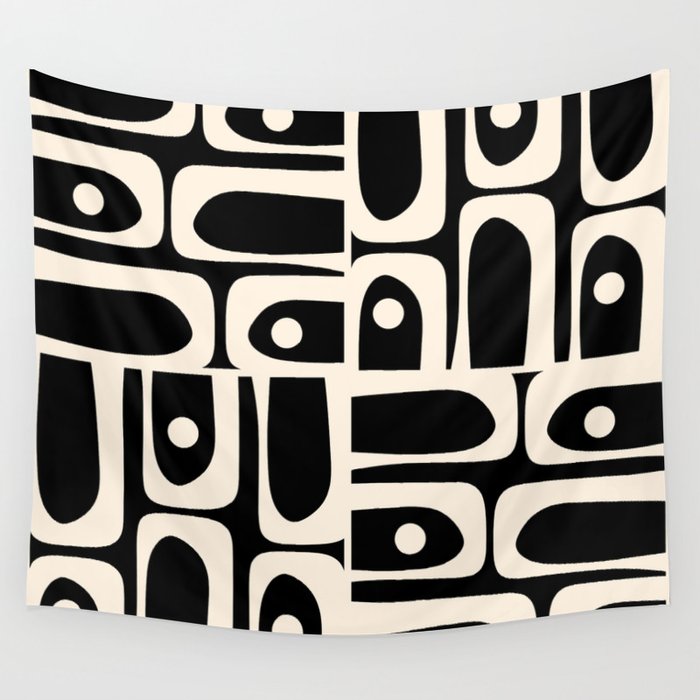 Mid Century Modern Abstract Black and Cream Piquet Multi Pattern Wall Tapestry Gallery Image 1