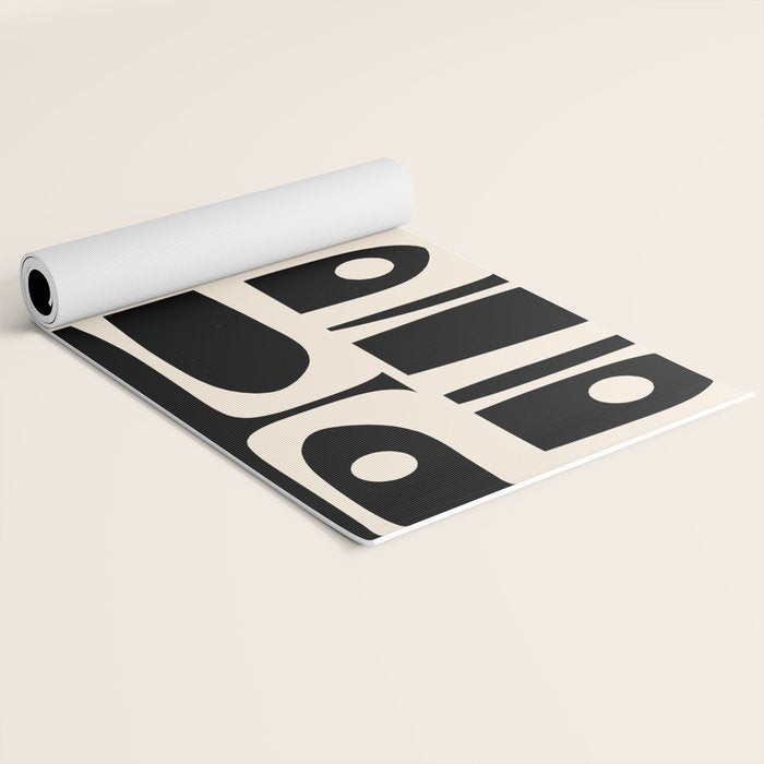 Mid Century Modern Abstract Black and Cream Piquet Multi Pattern Yoga Mat Gallery Image 2
