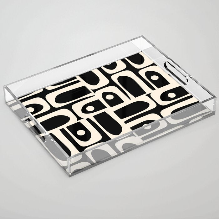 Mid Century Modern Abstract Black and Cream Piquet Multi Pattern Acrylic Tray Gallery Image 1