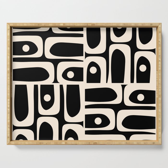 Mid Century Modern Abstract Black and Cream Piquet Multi Pattern Serving Tray Gallery Image 1