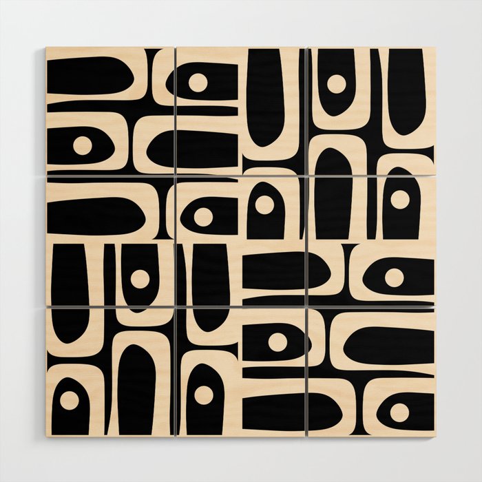 Mid Century Modern Abstract Black and Cream Piquet Multi Pattern Wood Wall Art Gallery Image 1