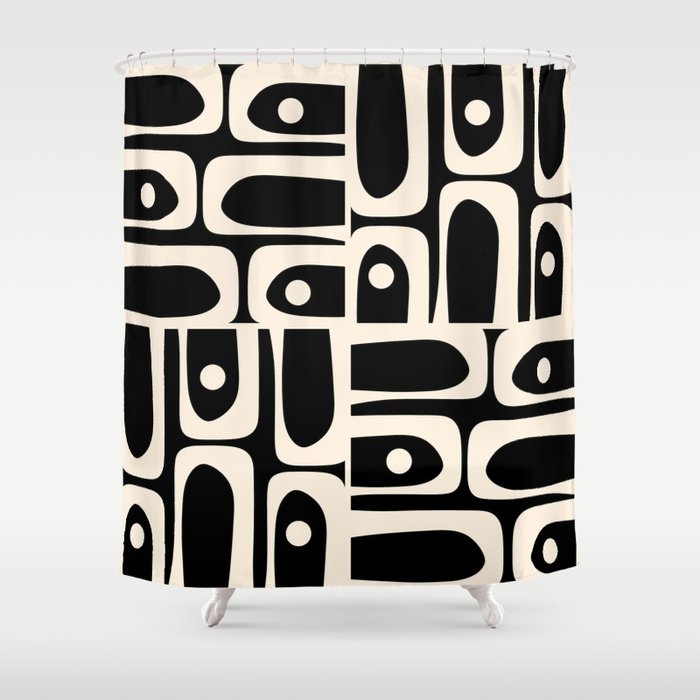 Mid Century Modern Abstract Black and Cream Piquet Multi Pattern Shower Curtain Gallery Image 1
