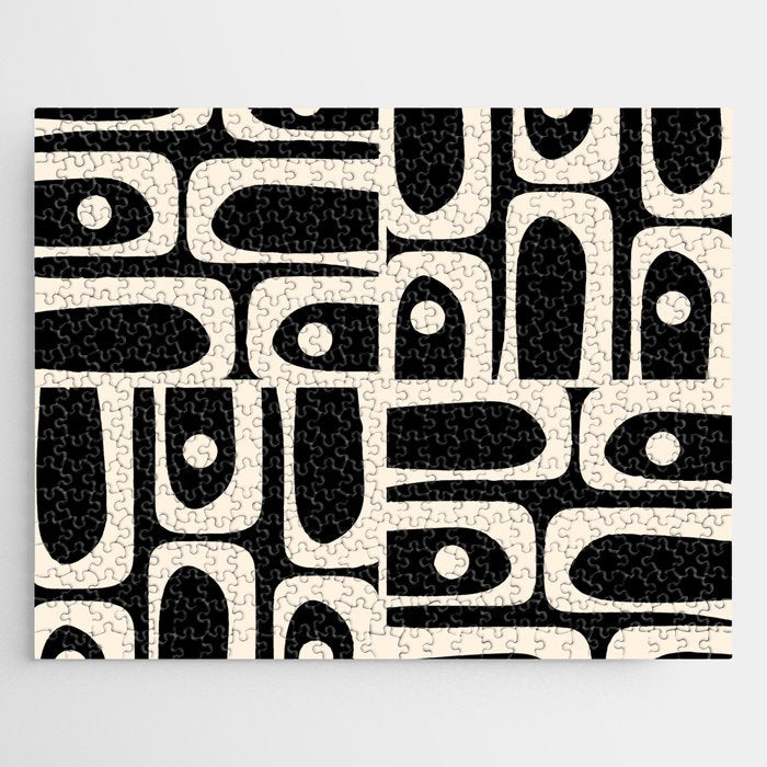 Mid Century Modern Abstract Black and Cream Piquet Multi Pattern Jigsaw Puzzle Gallery Image 1