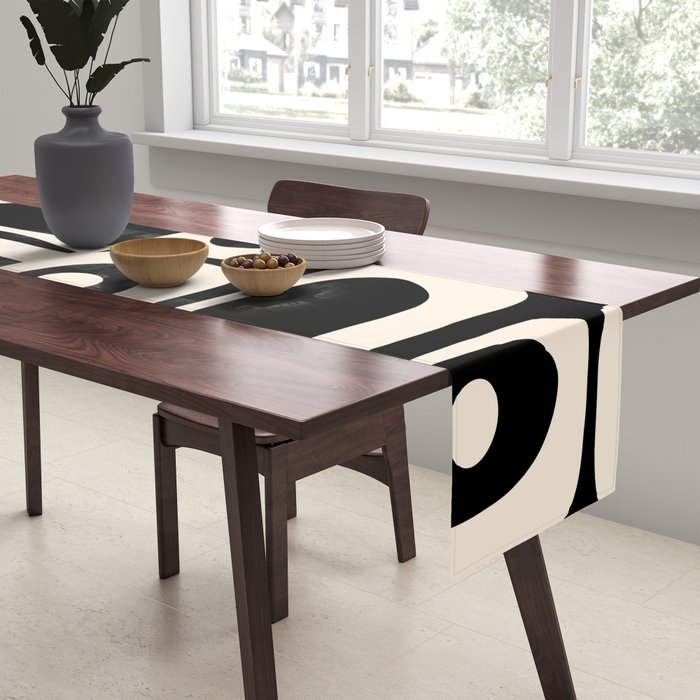 Mid Century Modern Abstract Black and Cream Piquet Multi Pattern Table Runner Gallery Image 2