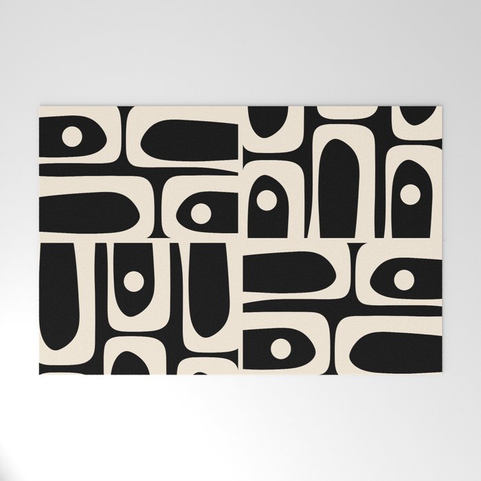 Mid Century Modern Abstract Black and Cream Piquet Multi Pattern Welcome Mat Gallery Image 1