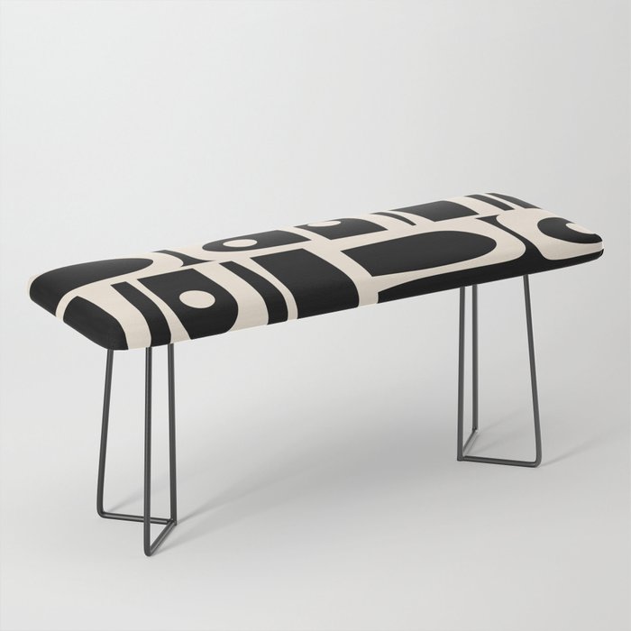 Mid Century Modern Abstract Black and Cream Piquet Multi Pattern Bench Gallery Image 1