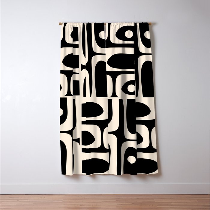 Mid Century Modern Abstract Black and Cream Piquet Multi Pattern Window Curtain Gallery Image 3