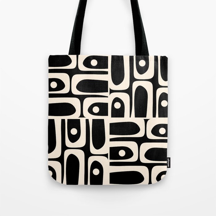 Mid Century Modern Abstract Black and Cream Piquet Multi Pattern Tote Bag Gallery Image 1