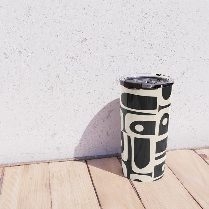 Mid Century Modern Abstract Black and Cream Piquet Multi Pattern Travel Mug Gallery Image 4