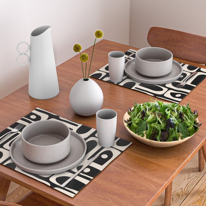 Mid Century Modern Abstract Black and Cream Piquet Multi Pattern Placemat Gallery Image 2