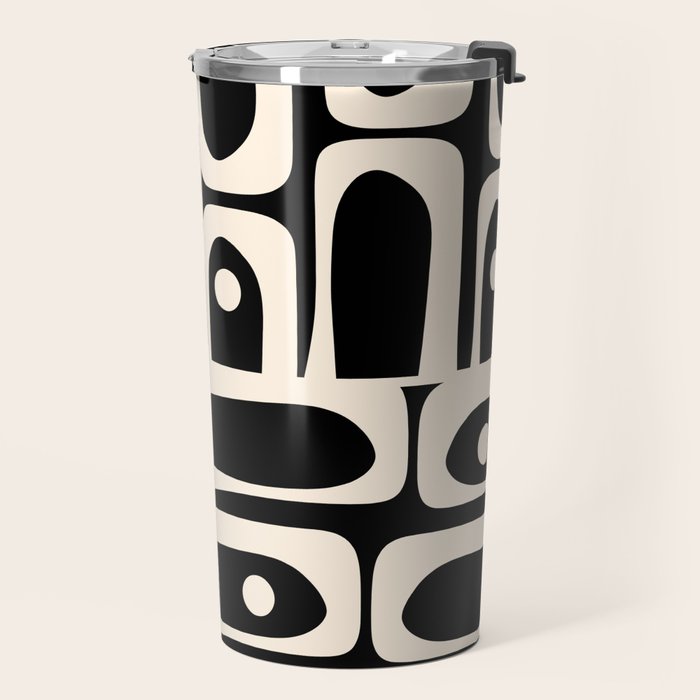 Mid Century Modern Abstract Black and Cream Piquet Multi Pattern Travel Mug Gallery Image 2