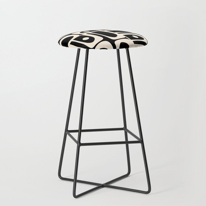 Mid Century Modern Abstract Black and Cream Piquet Multi Pattern Stool Gallery Image 1
