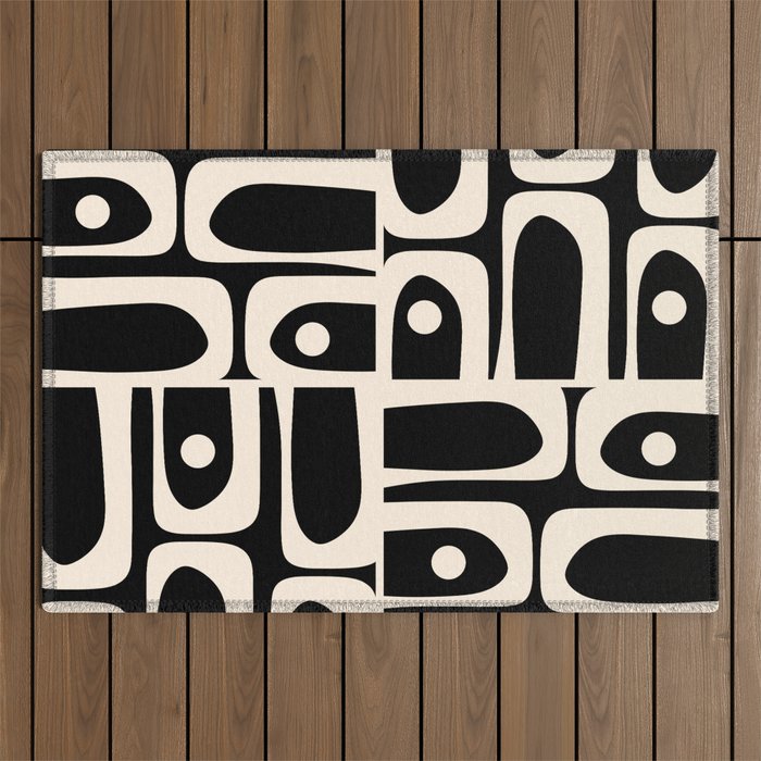 Mid Century Modern Abstract Black and Cream Piquet Multi Pattern Outdoor Rug Gallery Image 1