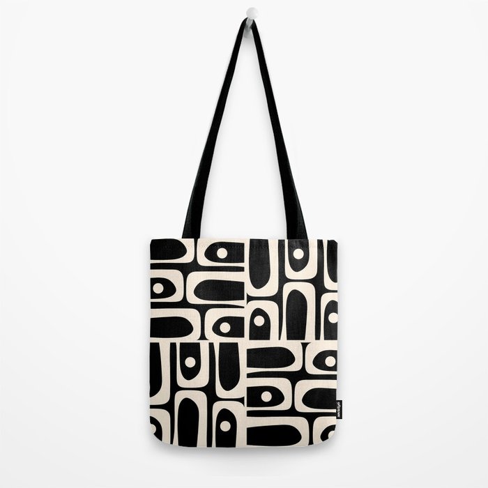 Mid Century Modern Abstract Black and Cream Piquet Multi Pattern Tote Bag Gallery Image 2