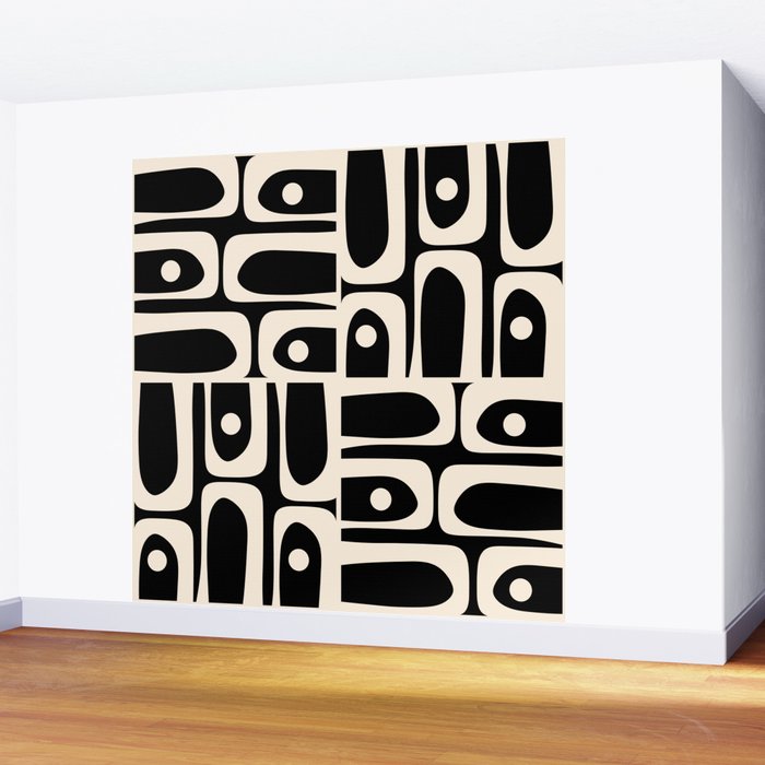 Mid Century Modern Abstract Black and Cream Piquet Multi Pattern Wall Mural Gallery Image 2