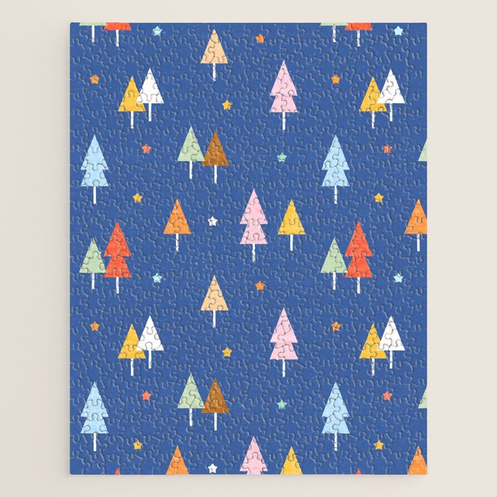 Colorful Scandinavian Christmas Trees on Blue Jigsaw Puzzle Gallery Image 1