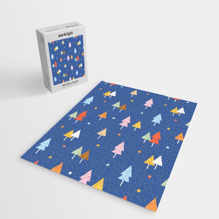 Colorful Scandinavian Christmas Trees on Blue Jigsaw Puzzle Gallery Image 2