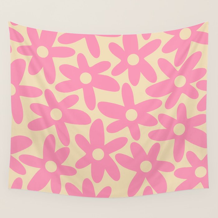 Pink Daisy Time Cute Contemporary Retro Floral Pattern Wall Tapestry Gallery Image 4