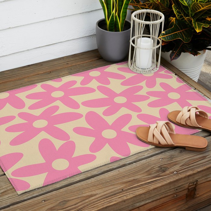 Pink Daisy Time Cute Contemporary Retro Floral Pattern Outdoor Rug Gallery Image 2