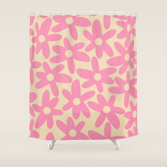 Pink Daisy Time Cute Contemporary Retro Floral Pattern Shower Curtain Gallery Image 1