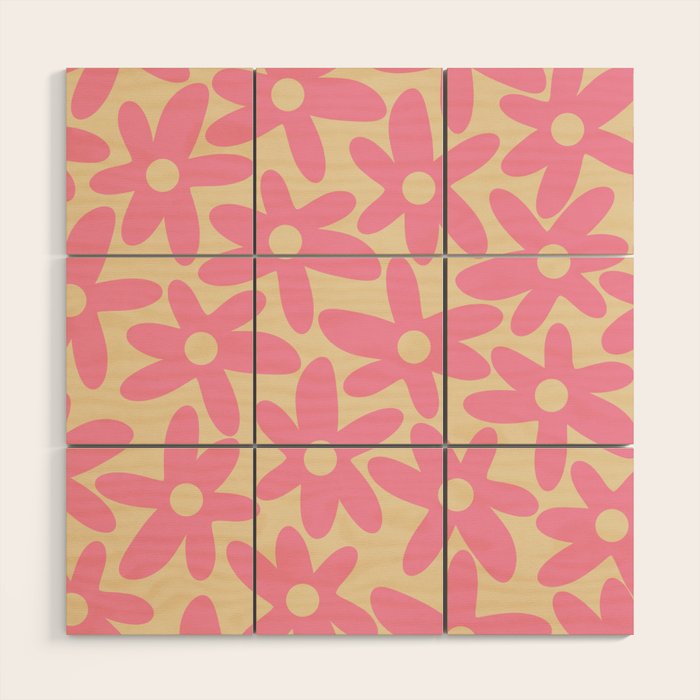 Pink Daisy Time Cute Contemporary Retro Floral Pattern Wood Wall Art Gallery Image 1