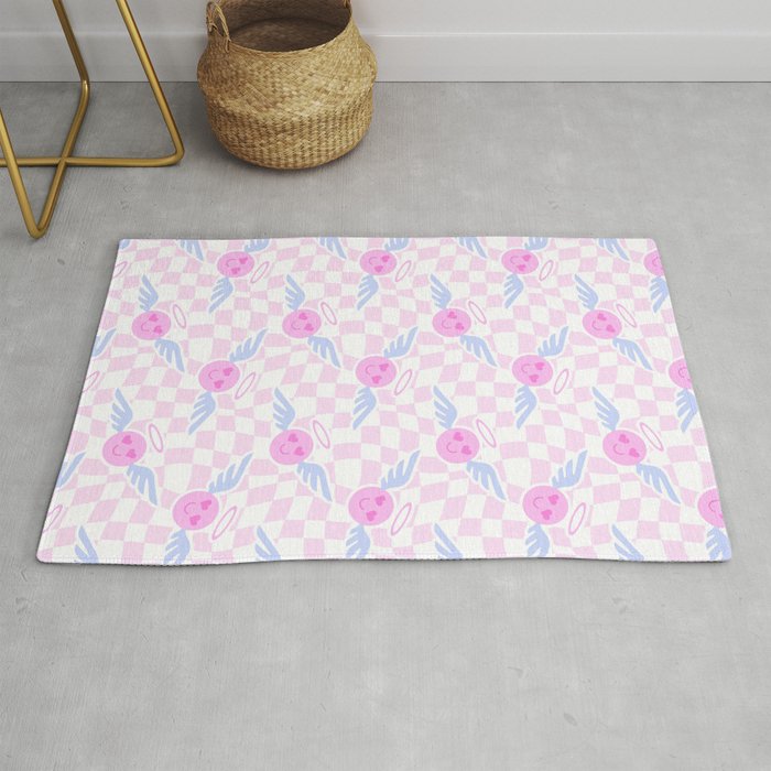 Pink love heart face checkered pattern Rug Gallery Image 1