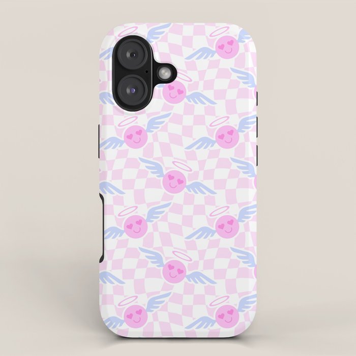 Pink love heart face checkered pattern iPhone Case Gallery Image 1