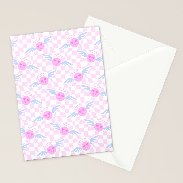 Pink love heart face checkered pattern Stationery Card Gallery Image 2