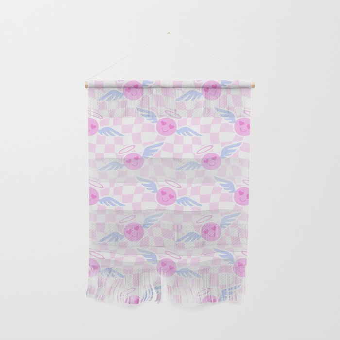 Pink love heart face checkered pattern Wall Hanging Gallery Image 1