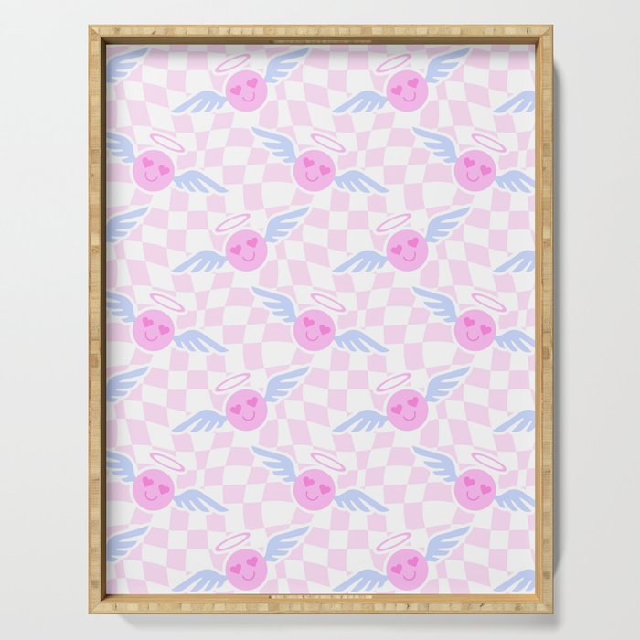 Pink love heart face checkered pattern Serving Tray Gallery Image 1