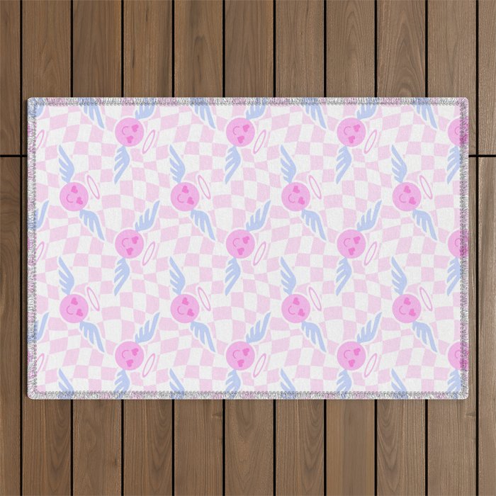 Pink love heart face checkered pattern Outdoor Rug Gallery Image 1