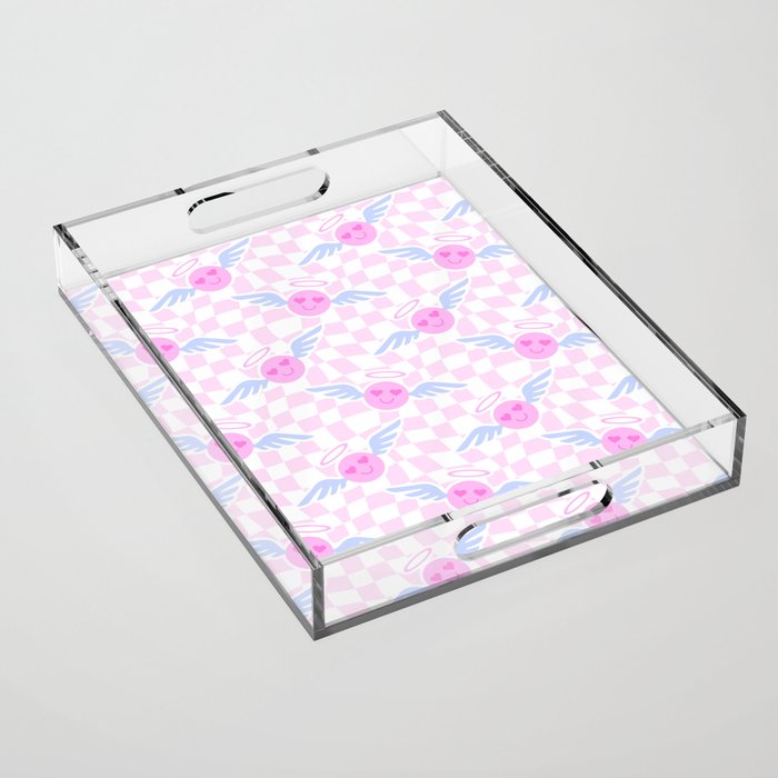 Pink love heart face checkered pattern Acrylic Tray Gallery Image 1