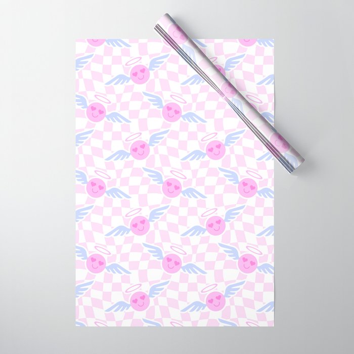 Pink love heart face checkered pattern Wrapping Paper Gallery Image 1
