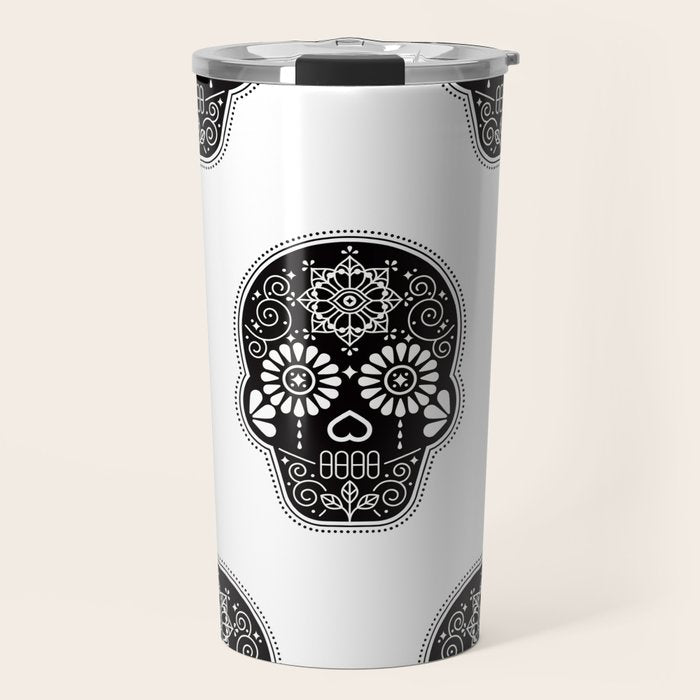 DÃ­a de Muertos Calavera â¢ Mexican Sugar Skull - Black Palette Travel Mug Gallery Image 1